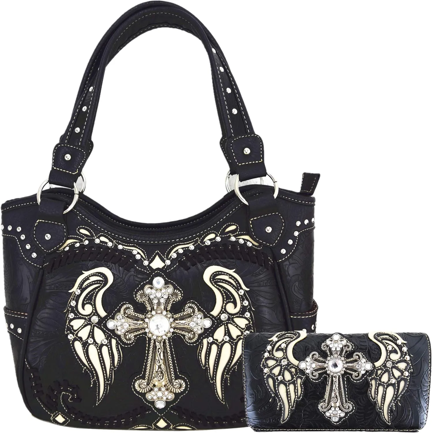 Western Style Rhinestone Cross Studded Laser Cut Wings Tooled Leather Purse Women Handbags Country Shoulder Bag Wallet Set