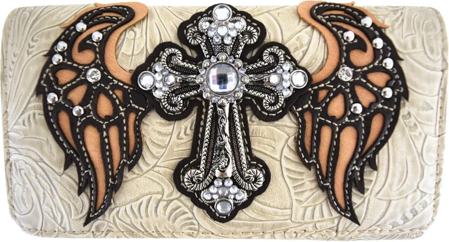 Western Style Rhinestone Cross Studded Laser Cut Wings Tooled Leather Purse Women Handbags Country Shoulder Bag Wallet Set