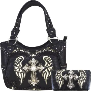 Western Style Rhinestone Cross Studded Laser Cut Wings Tooled Leather Purse Women Handbags Country Shoulder Bag Wallet Set
