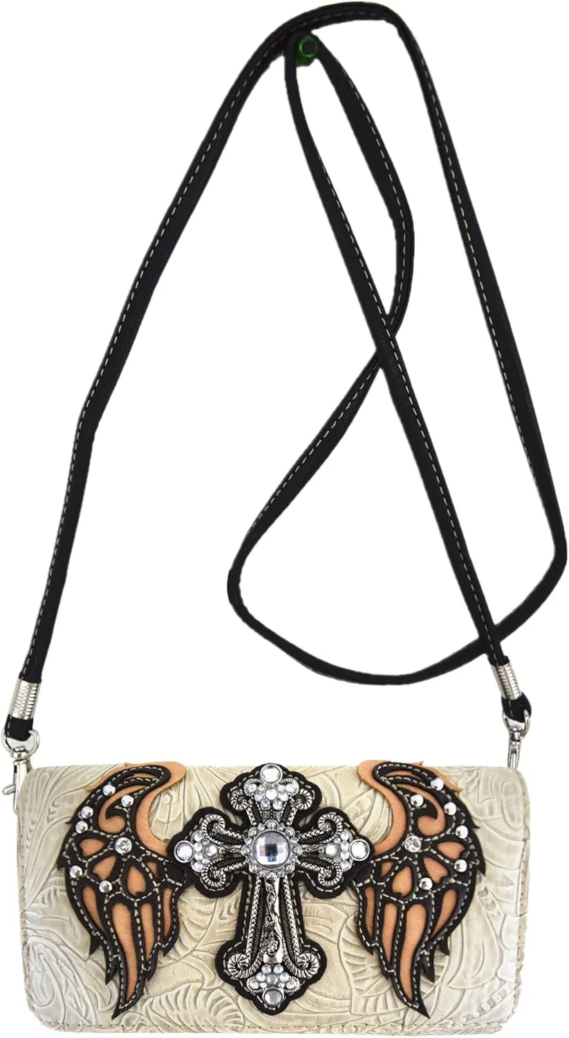 Western Style Rhinestone Cross Studded Laser Cut Wings Tooled Leather Purse Women Handbags Country Shoulder Bag Wallet Set