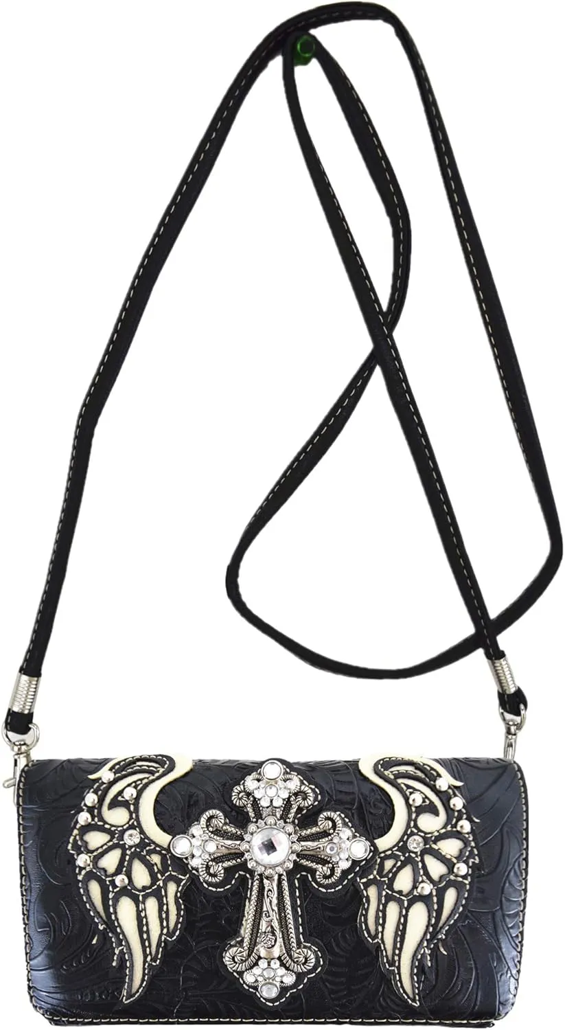 Western Style Rhinestone Cross Studded Laser Cut Wings Tooled Leather Purse Women Handbags Country Shoulder Bag Wallet Set