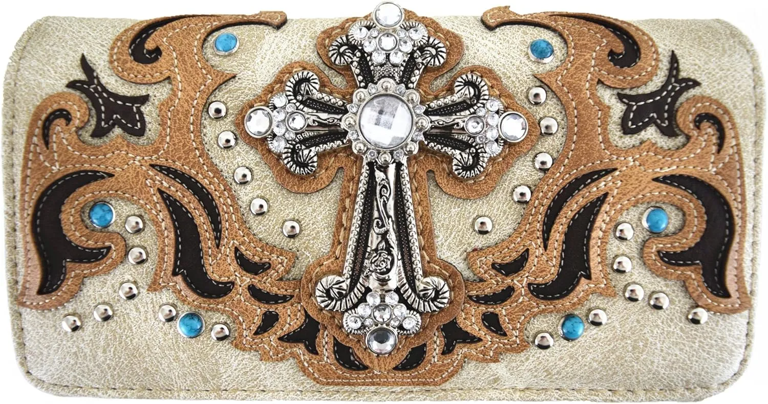 Western Style Rhinestone Cross Tote Concealed Carry Purse Laser Cut Handbag Women Shoulder Bag Wallet Set