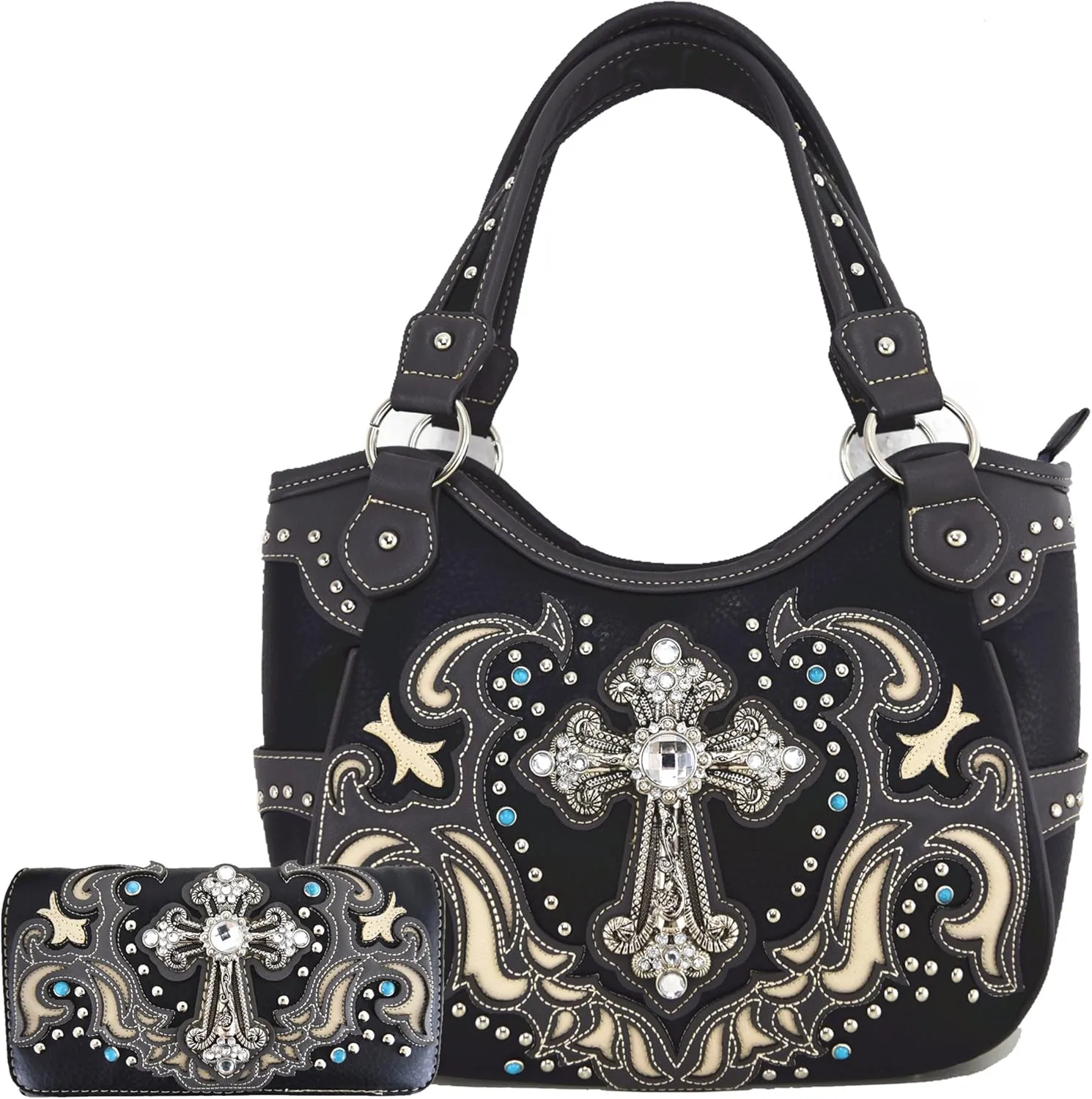 Western Style Rhinestone Cross Tote Concealed Carry Purse Laser Cut Handbag Women Shoulder Bag Wallet Set
