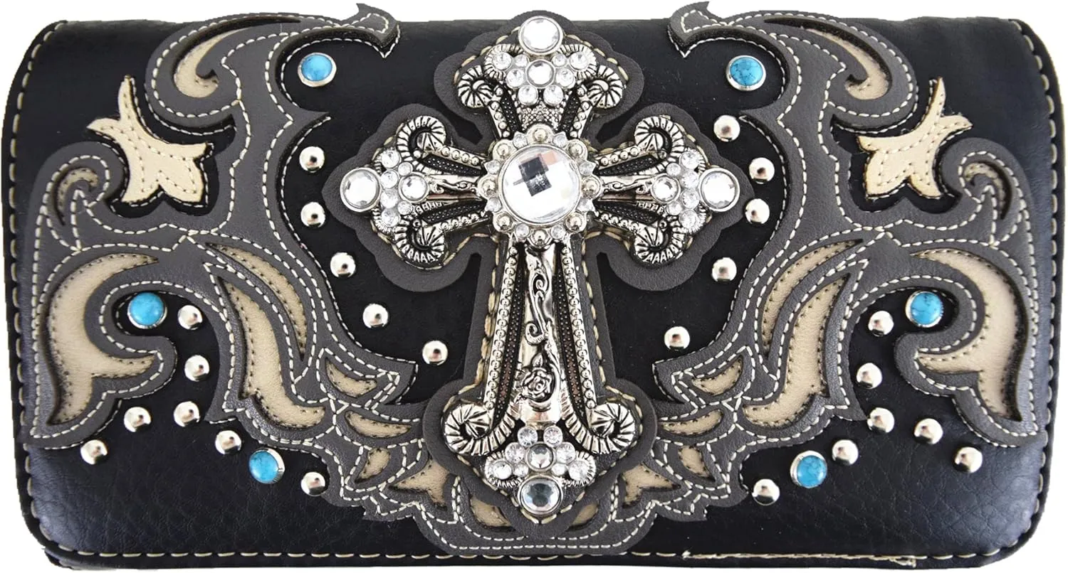 Western Style Rhinestone Cross Tote Concealed Carry Purse Laser Cut Handbag Women Shoulder Bag Wallet Set