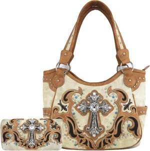 Western Style Rhinestone Cross Tote Concealed Carry Purse Laser Cut Handbag Women Shoulder Bag Wallet Set