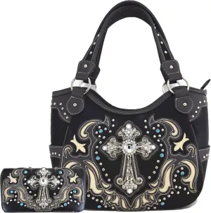Western Style Rhinestone Cross Tote Concealed Carry Purse Laser Cut Handbag Women Shoulder Bag Wallet Set
