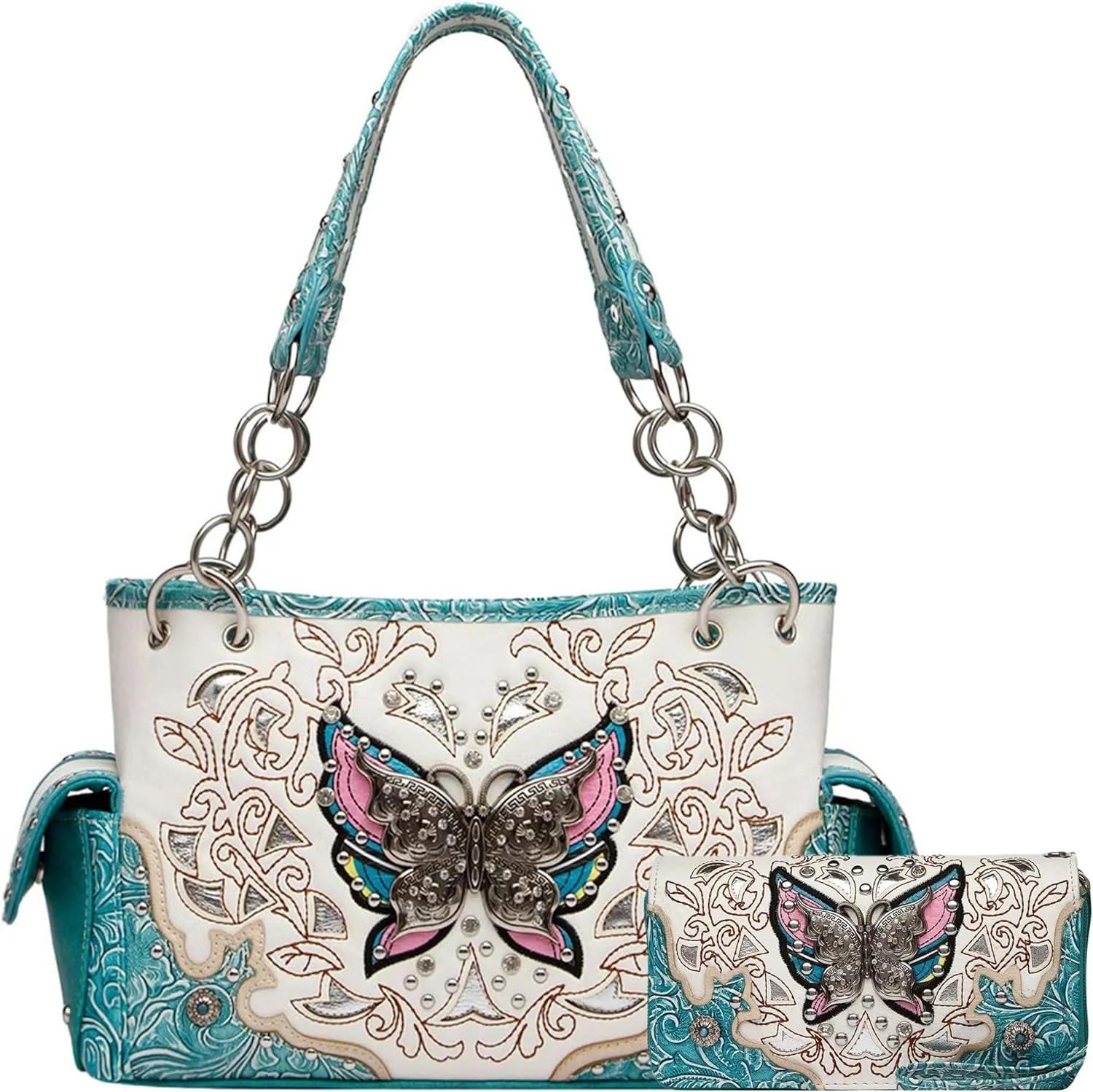 Western Style Spring Butterfly Flower Purse Women Country Handbag Rhinestone Stud Shoulder Bag Wallet Set