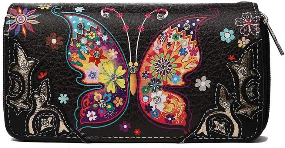 Western Style Spring Butterfly Flower Purse Women Country Handbag Rhinestone Stud Shoulder Bag Wallet Set