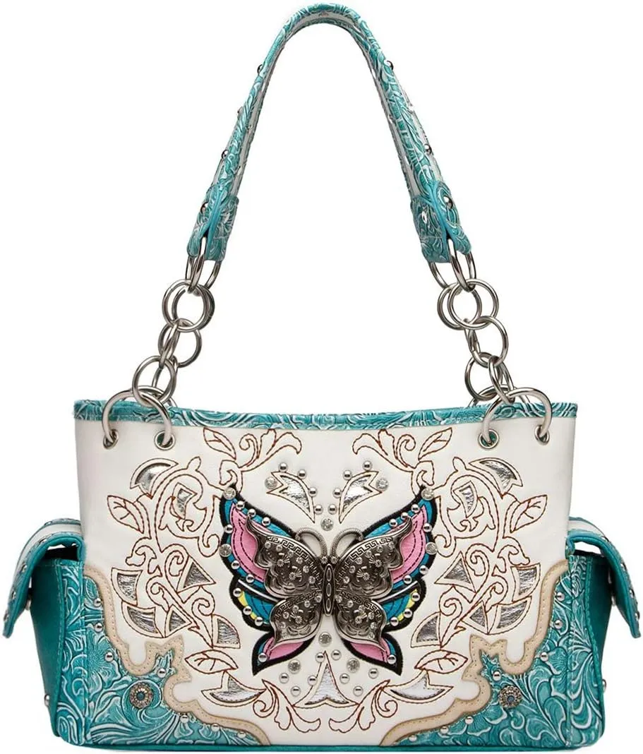 Western Style Spring Butterfly Flower Purse Women Country Handbag Rhinestone Stud Shoulder Bag Wallet Set