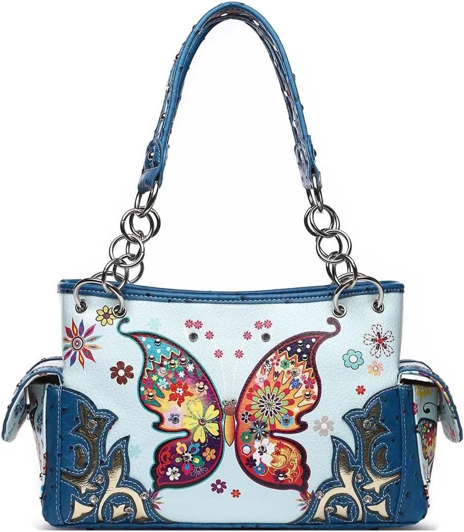 Western Style Spring Butterfly Flower Purse Women Country Handbag Rhinestone Stud Shoulder Bag Wallet Set