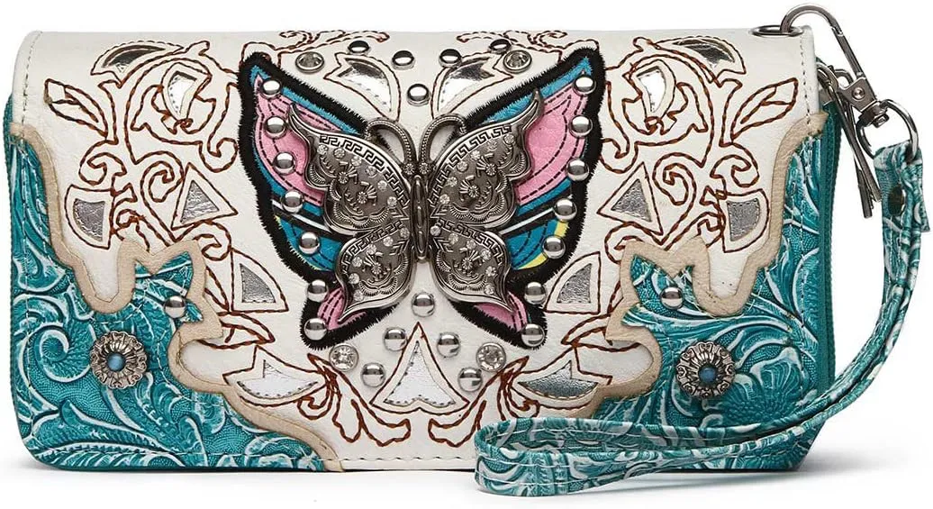 Western Style Spring Butterfly Flower Purse Women Country Handbag Rhinestone Stud Shoulder Bag Wallet Set