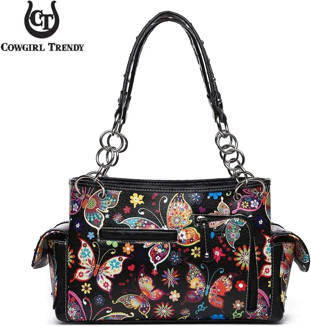 Western Style Spring Butterfly Flower Purse Women Country Handbag Rhinestone Stud Shoulder Bag Wallet Set