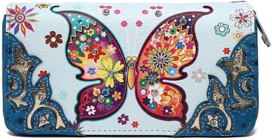 Western Style Spring Butterfly Flower Purse Women Country Handbag Rhinestone Stud Shoulder Bag Wallet Set