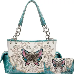 Western Style Spring Butterfly Flower Purse Women Country Handbag Rhinestone Stud Shoulder Bag Wallet Set