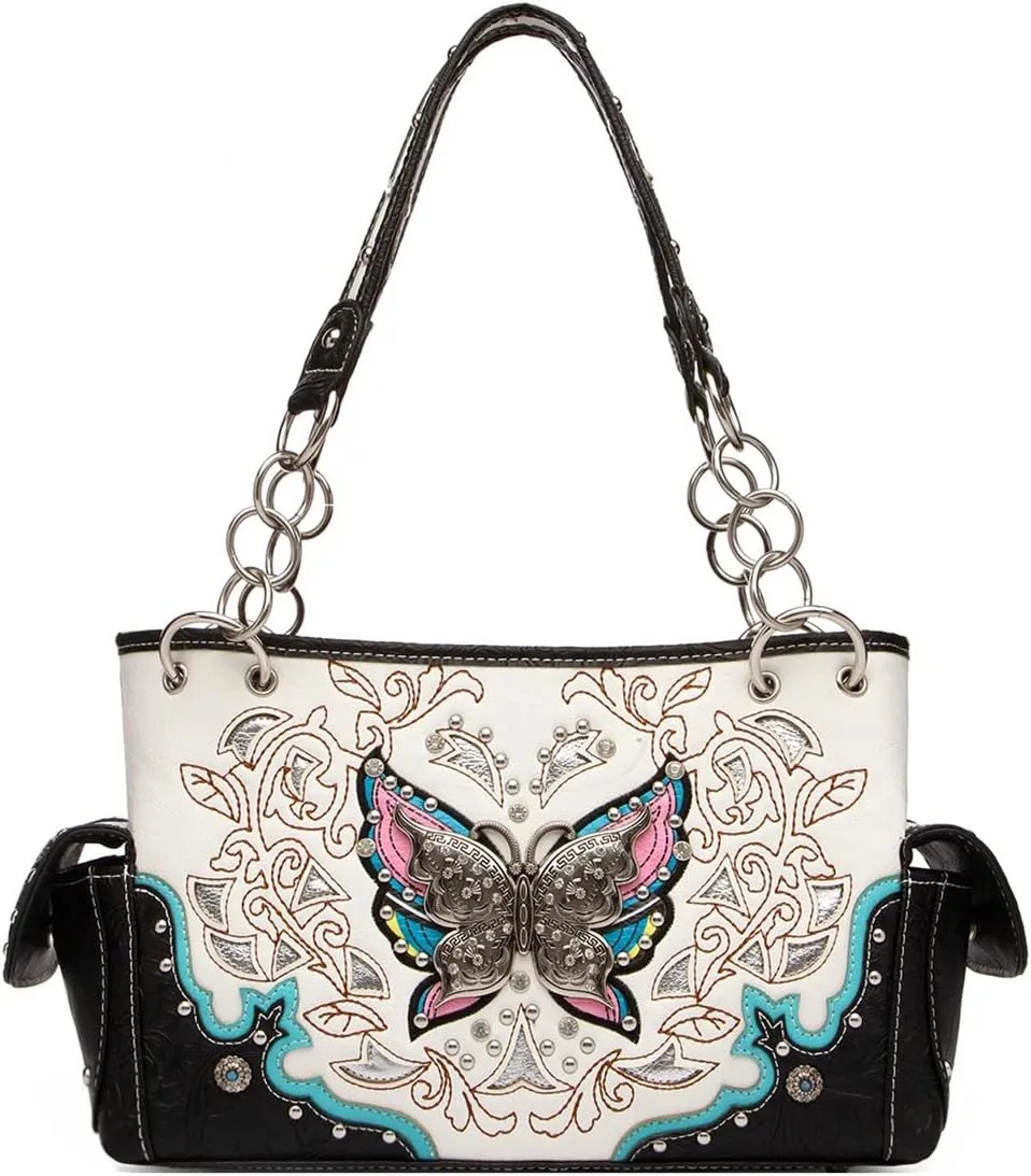 Western Style Spring Butterfly Flower Purse Women Country Handbag Rhinestone Stud Shoulder Bag Wallet Set