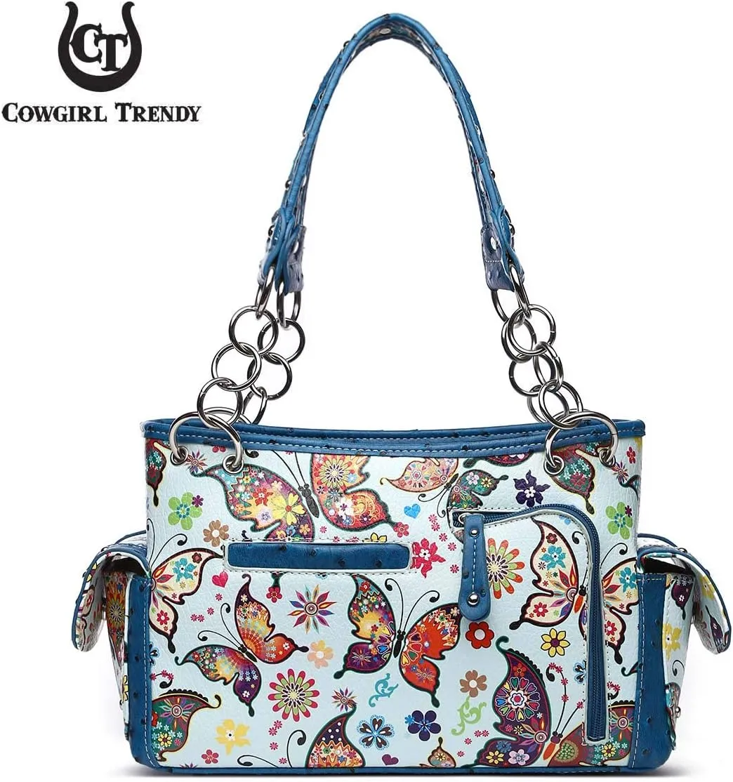 Western Style Spring Butterfly Flower Purse Women Country Handbag Rhinestone Stud Shoulder Bag Wallet Set