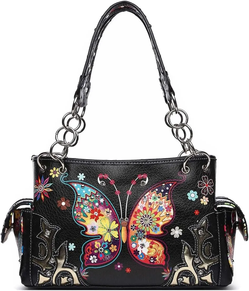 Western Style Spring Butterfly Flower Purse Women Country Handbag Rhinestone Stud Shoulder Bag Wallet Set
