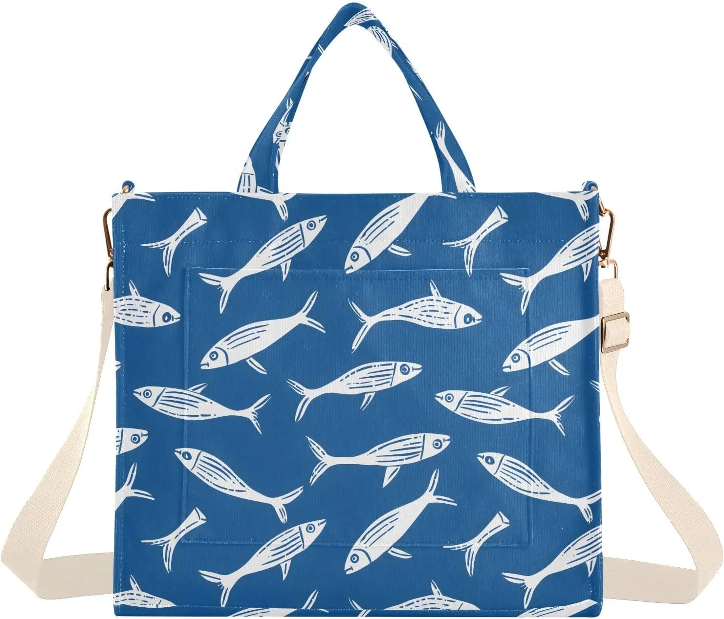 White Contour Fishes Tote Bag Large Capacity for Women Handbag Corduroy Crossbody Shoulder Bag