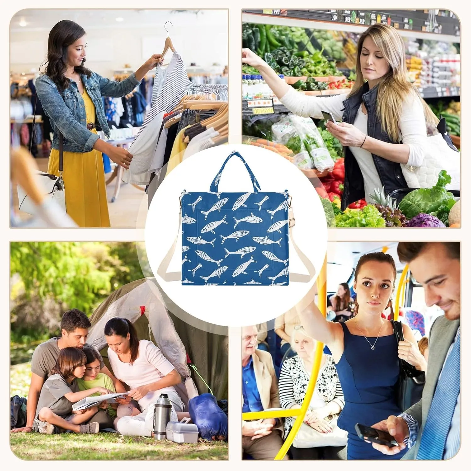 White Contour Fishes Tote Bag Large Capacity for Women Handbag Corduroy Crossbody Shoulder Bag
