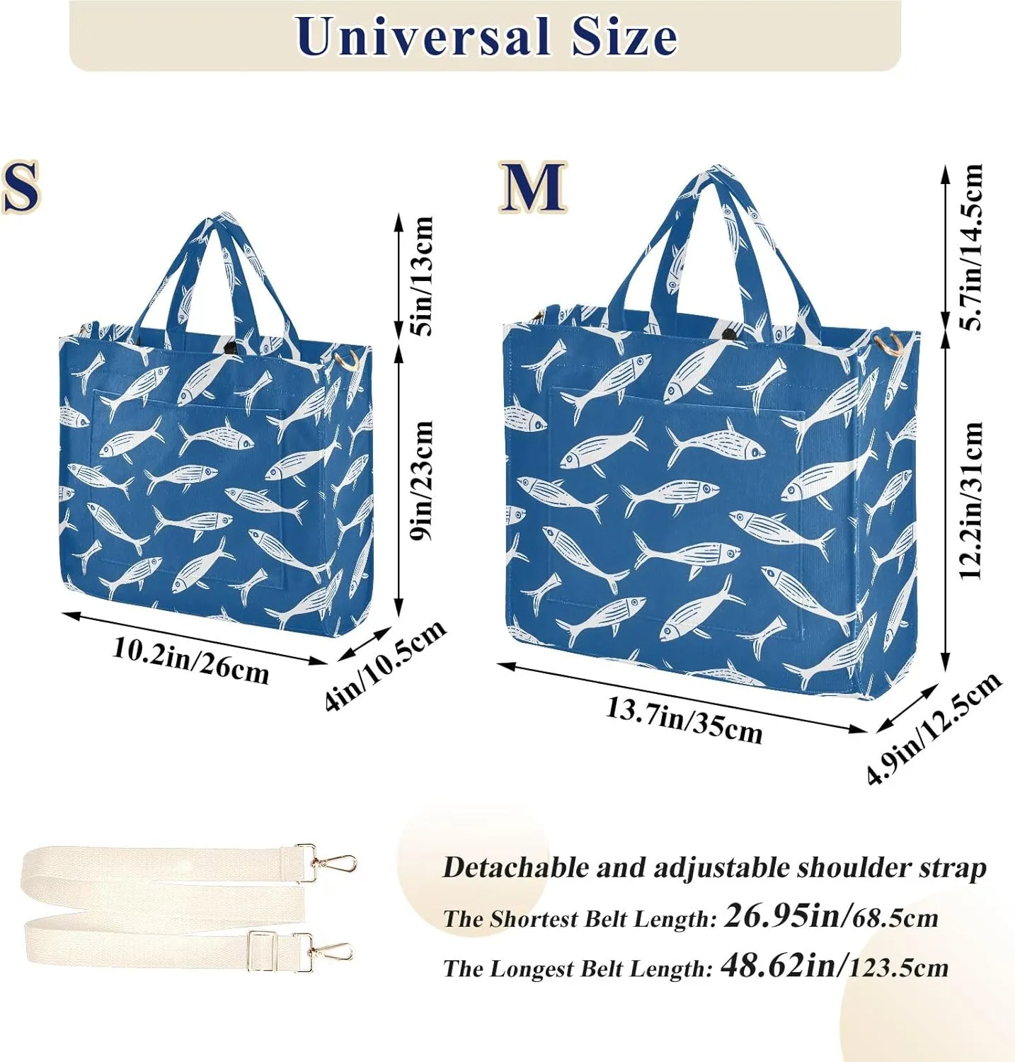 White Contour Fishes Tote Bag Large Capacity for Women Handbag Corduroy Crossbody Shoulder Bag