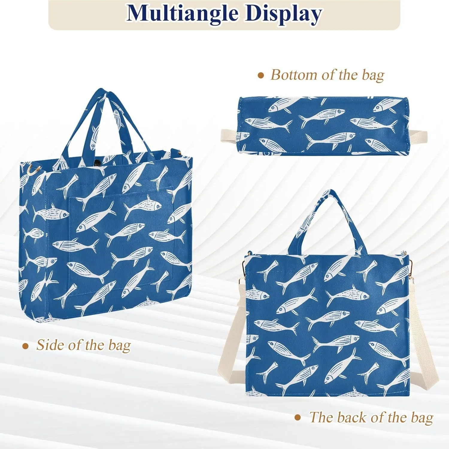 White Contour Fishes Tote Bag Large Capacity for Women Handbag Corduroy Crossbody Shoulder Bag