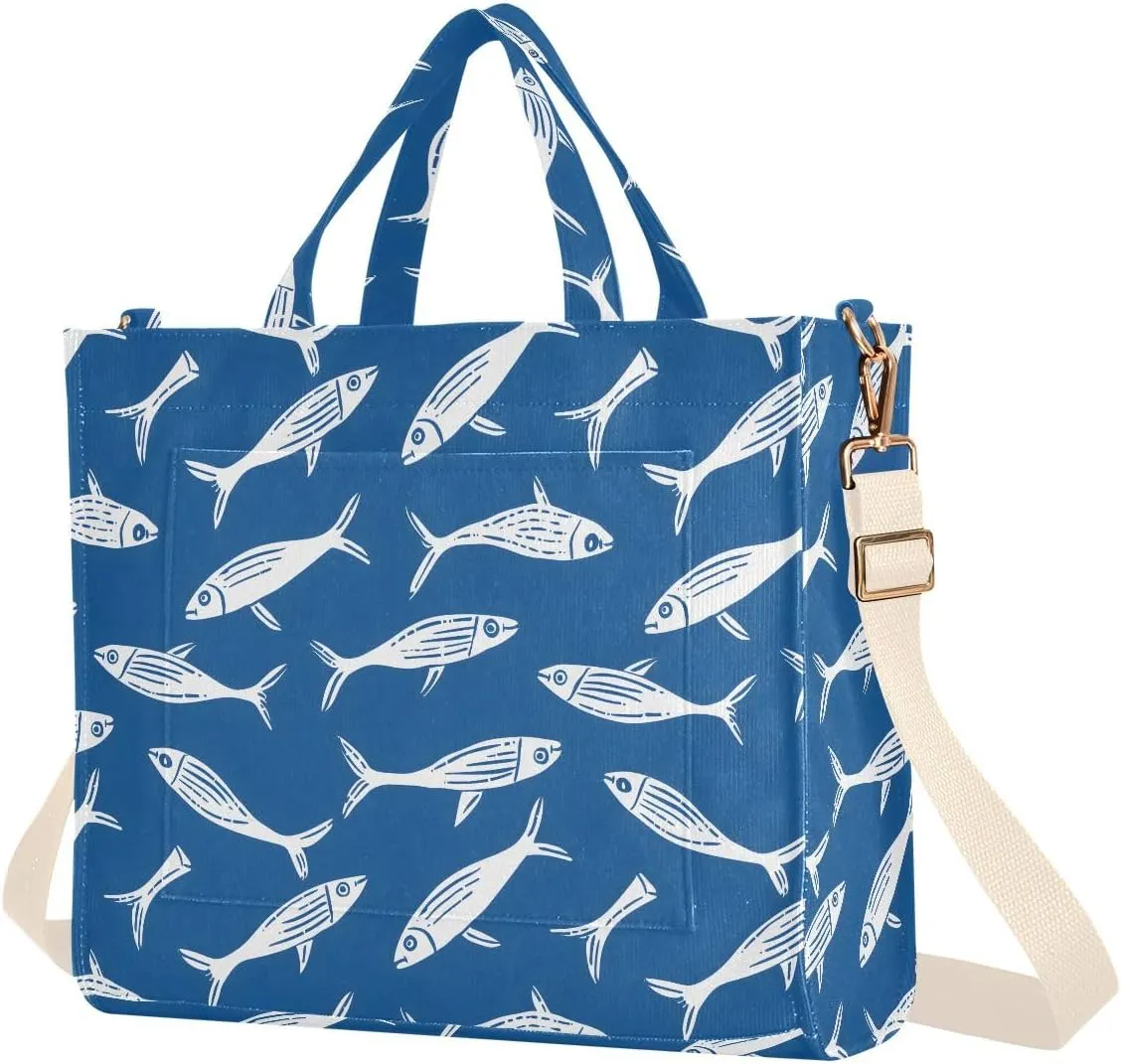 White Contour Fishes Tote Bag Large Capacity for Women Handbag Corduroy Crossbody Shoulder Bag