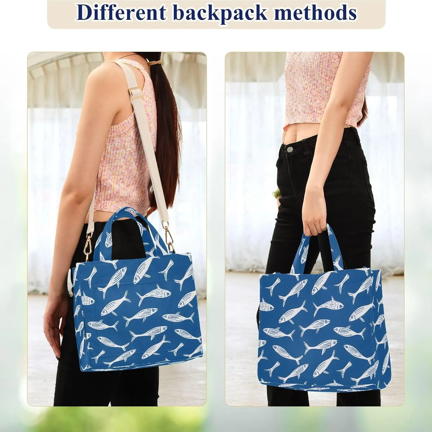 White Contour Fishes Tote Bag Large Capacity for Women Handbag Corduroy Crossbody Shoulder Bag