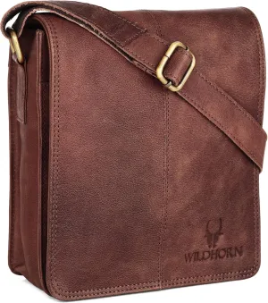 WILDHORN® Leather 8 inch Sling Messenger Bag for Men I Multipurpose Crossbody Bag I Travel Bag with Adjustable Strap I Utility Bag I Dimension : L-8 inch W-3 inch H-9 inch, Distressed Brown, Classic