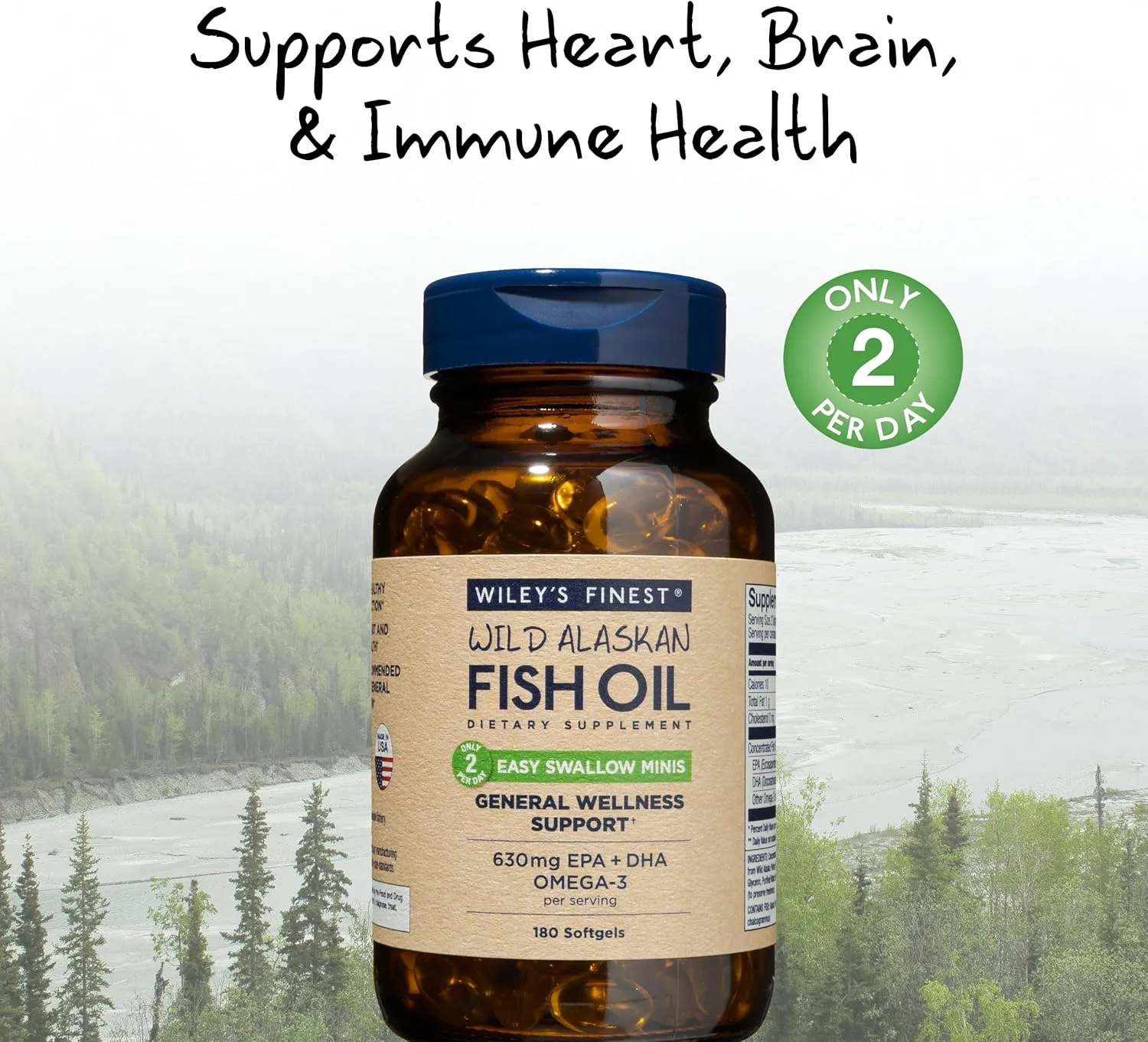 Wiley's Finest Wild Alaskan Fish Oil Easy Swallow Minis - Omega-3 Fish Oil Supplement for Adults and Kids - Double-Strength 630mg EPA and DHA Natural Supplement - 180 Mini Softgels (90 Servings)