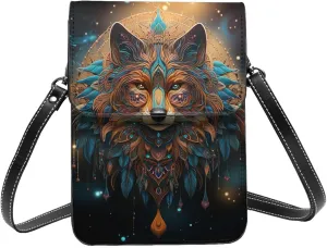 Wolf Moon Phase Boho Space Cool Leather Small Crossbody Bags for Women Cell Phone Bag Wallet Purses with Adjustable Strap