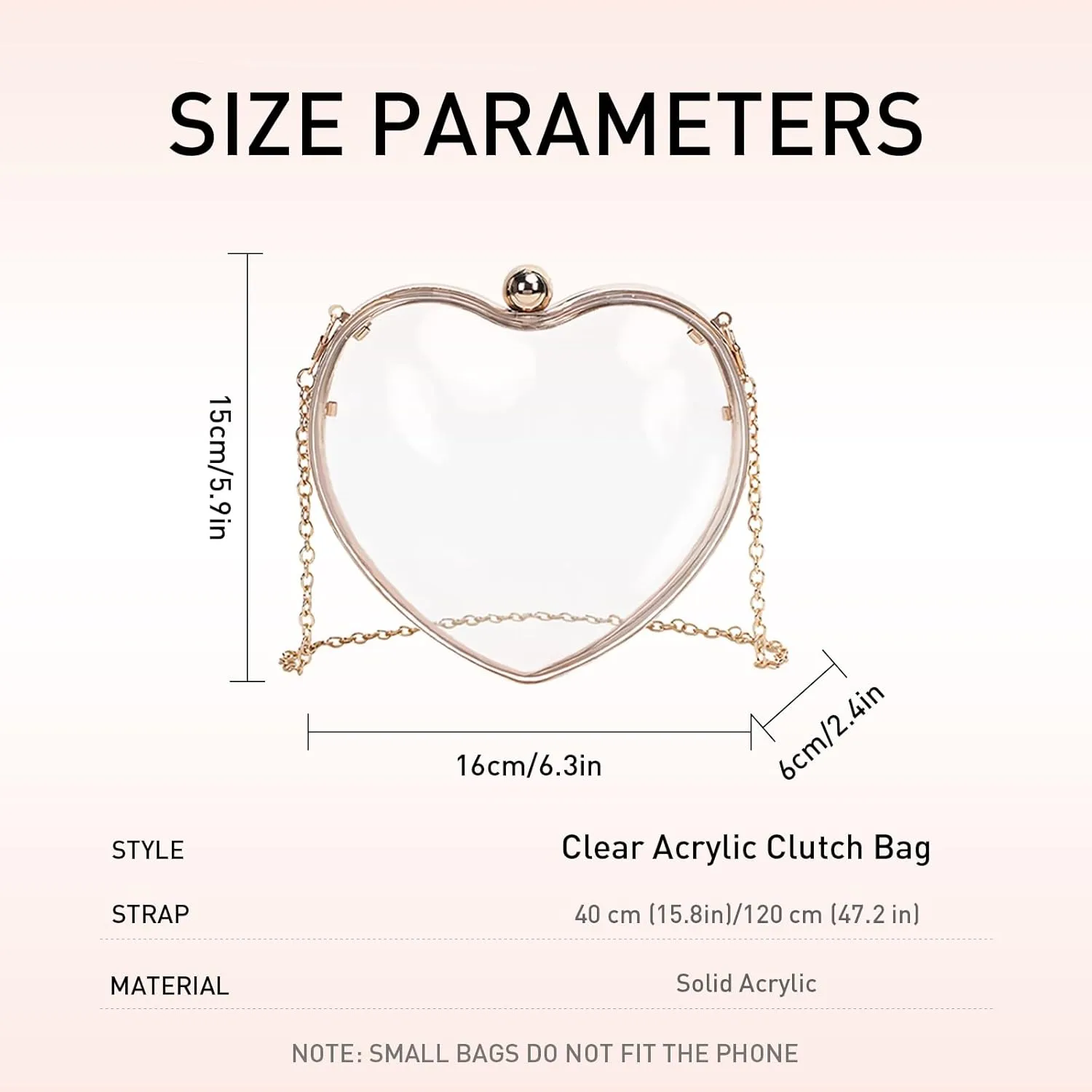 Women Clear Acrylic Clutch Bag Mini Heart Handbag Evening Pouch with Detechable Chain