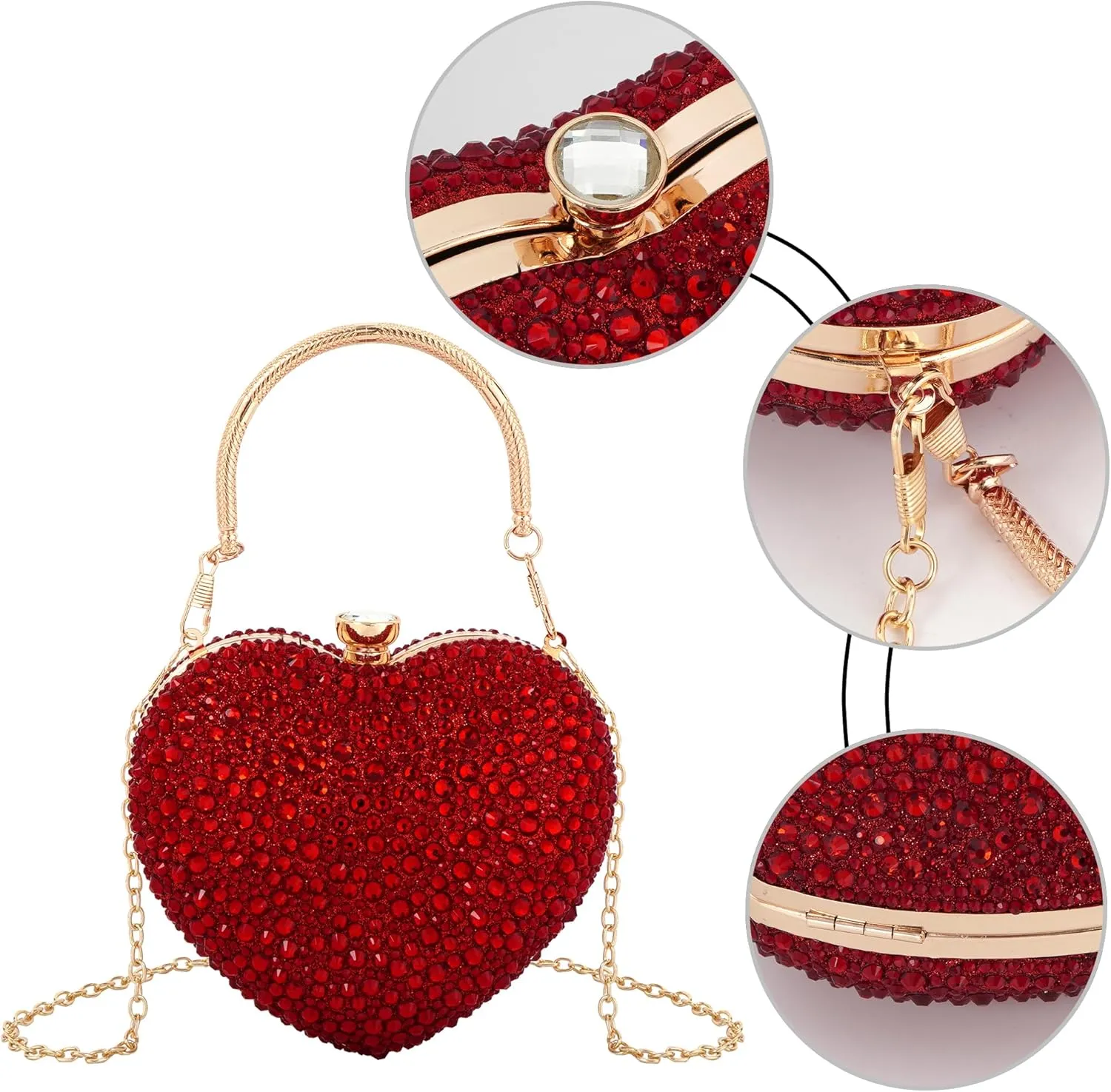 Women Heart Shape Evening Bag Bling Rhinestone Wedding Party Purse Cocktail Prom Crossbody Shoulder Handbag