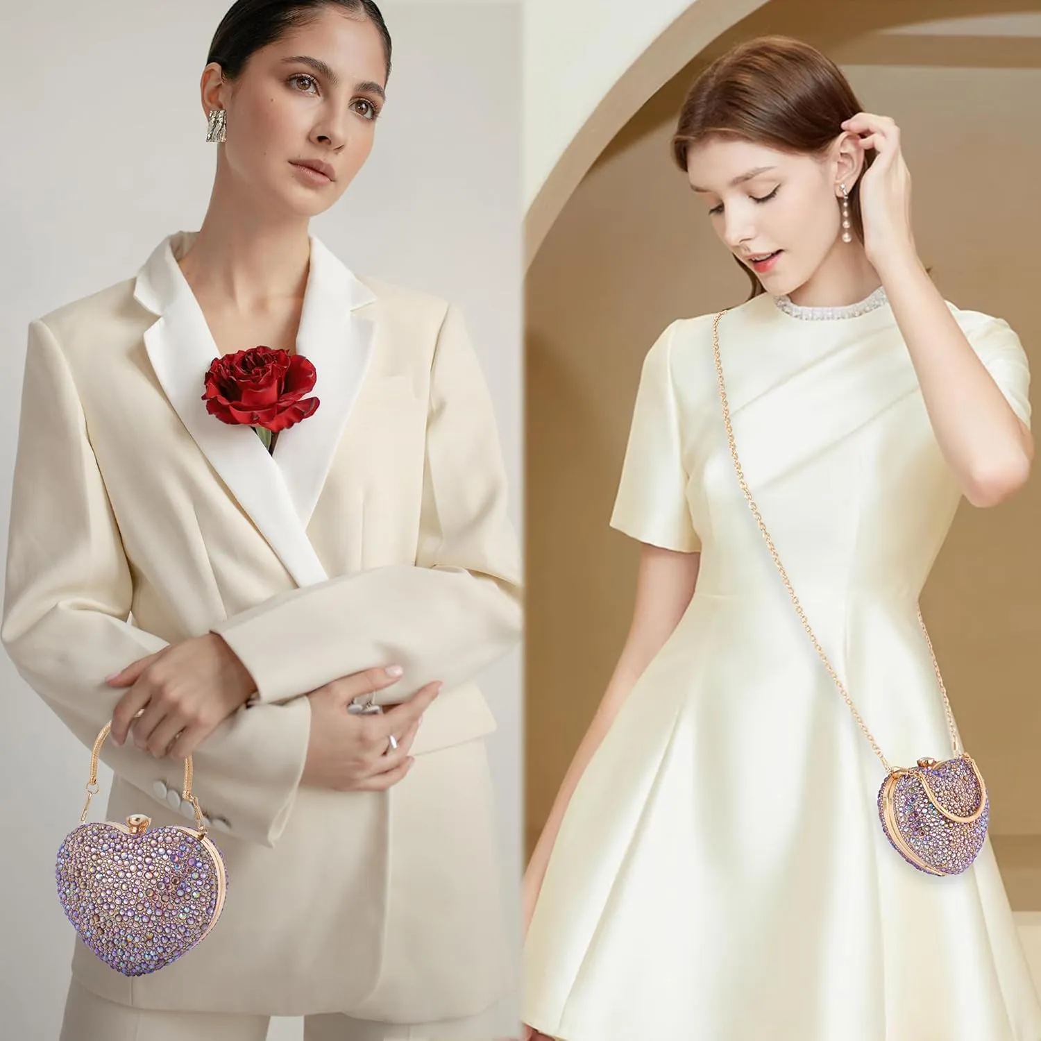 Women Heart Shape Evening Bag Bling Rhinestone Wedding Party Purse Cocktail Prom Crossbody Shoulder Handbag