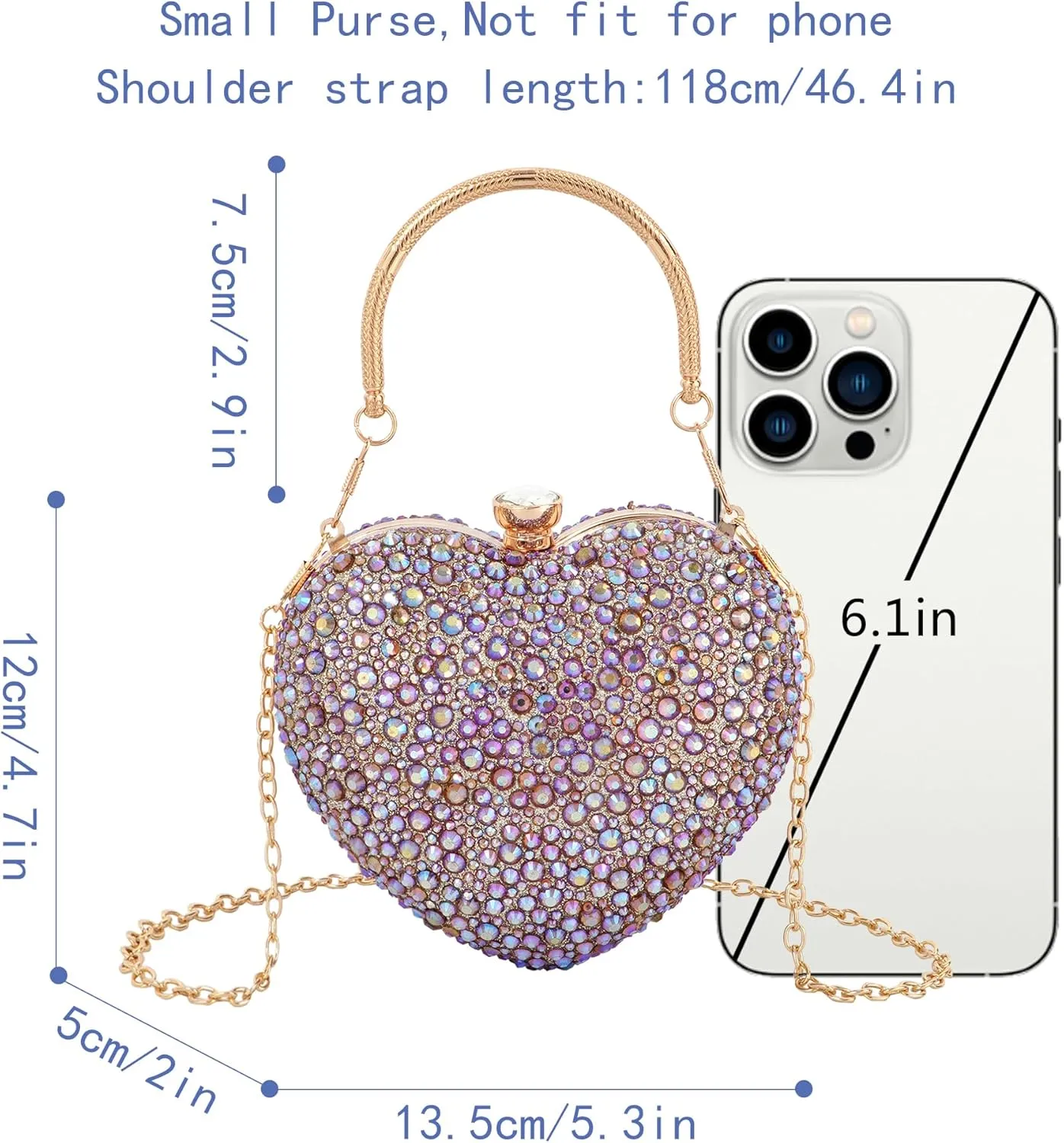 Women Heart Shape Evening Bag Bling Rhinestone Wedding Party Purse Cocktail Prom Crossbody Shoulder Handbag
