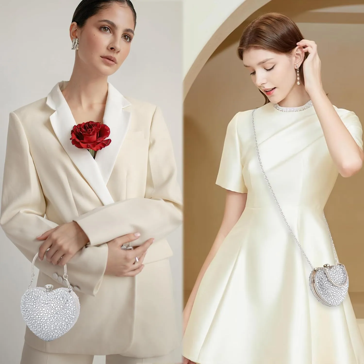 Women Heart Shape Evening Bag Bling Rhinestone Wedding Party Purse Cocktail Prom Crossbody Shoulder Handbag