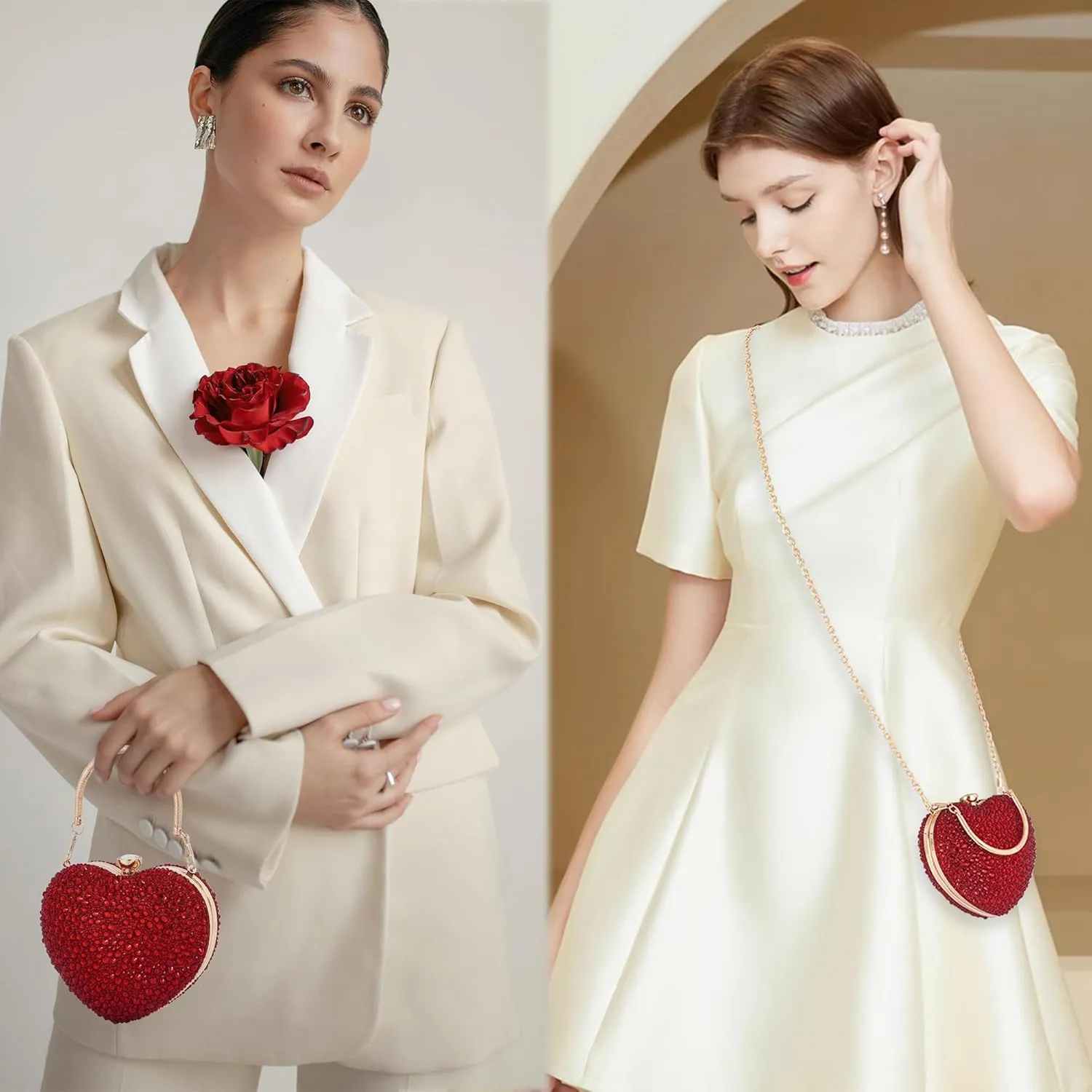 Women Heart Shape Evening Bag Bling Rhinestone Wedding Party Purse Cocktail Prom Crossbody Shoulder Handbag