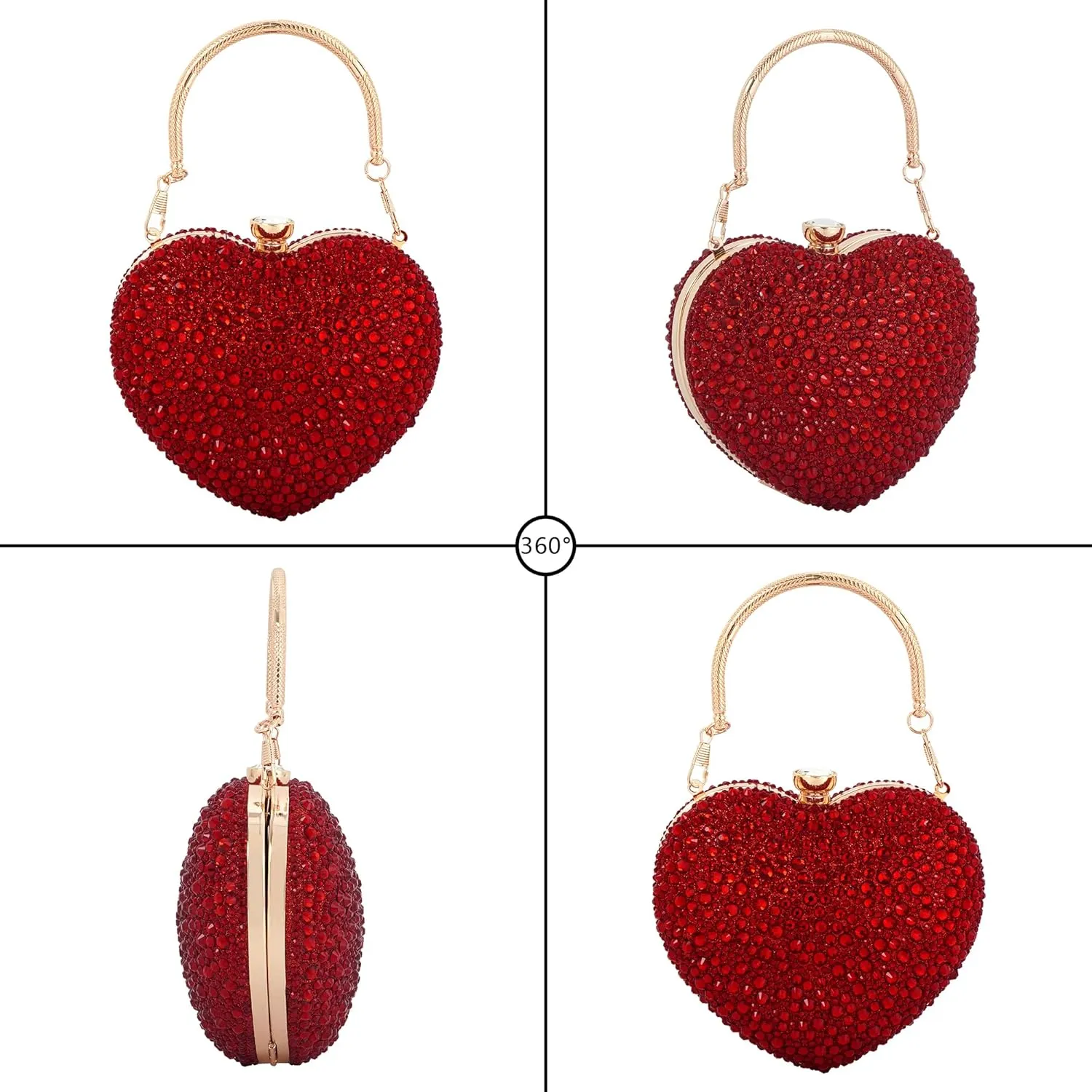 Women Heart Shape Evening Bag Bling Rhinestone Wedding Party Purse Cocktail Prom Crossbody Shoulder Handbag