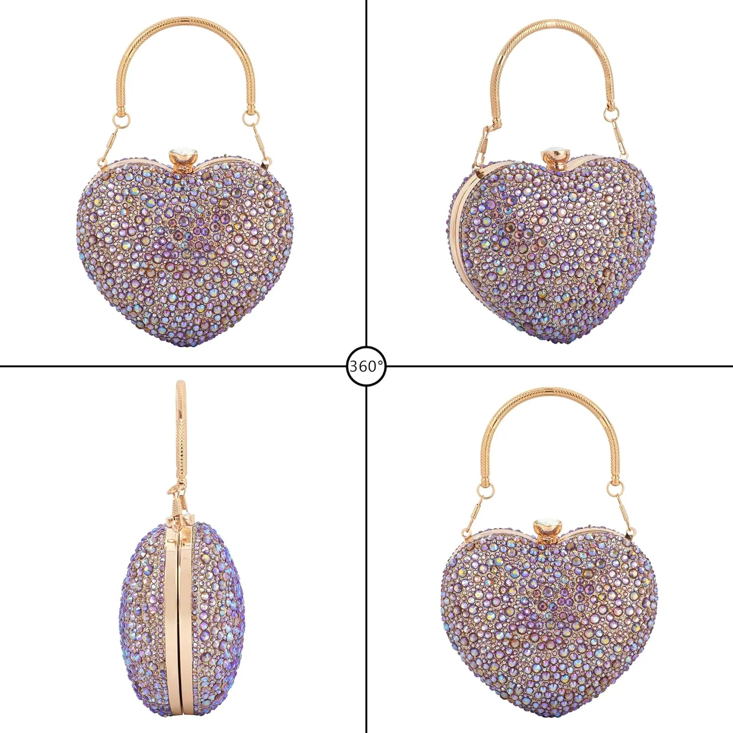 Women Heart Shape Evening Bag Bling Rhinestone Wedding Party Purse Cocktail Prom Crossbody Shoulder Handbag