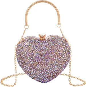 Women Heart Shape Evening Bag Bling Rhinestone Wedding Party Purse Cocktail Prom Crossbody Shoulder Handbag
