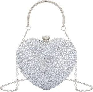 Women Heart Shape Evening Bag Bling Rhinestone Wedding Party Purse Cocktail Prom Crossbody Shoulder Handbag