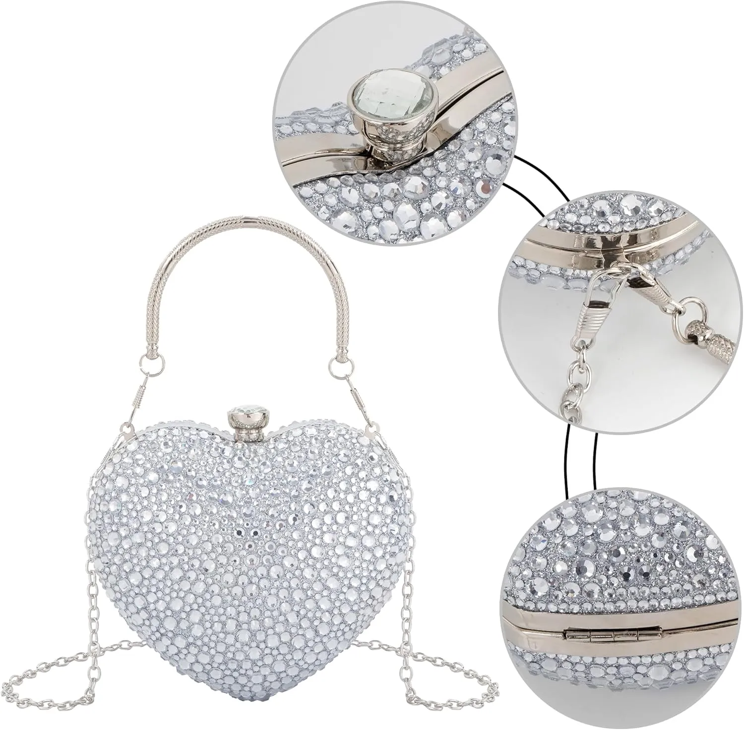 Women Heart Shape Evening Bag Bling Rhinestone Wedding Party Purse Cocktail Prom Crossbody Shoulder Handbag