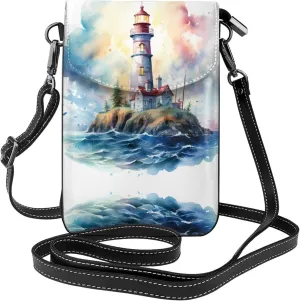 women leather Cell Phone Purse Watercolor Lighthouse Fantasy Light pattern Multifunction,Soft, durable,Convenient for daily use and travel, Black, One Size