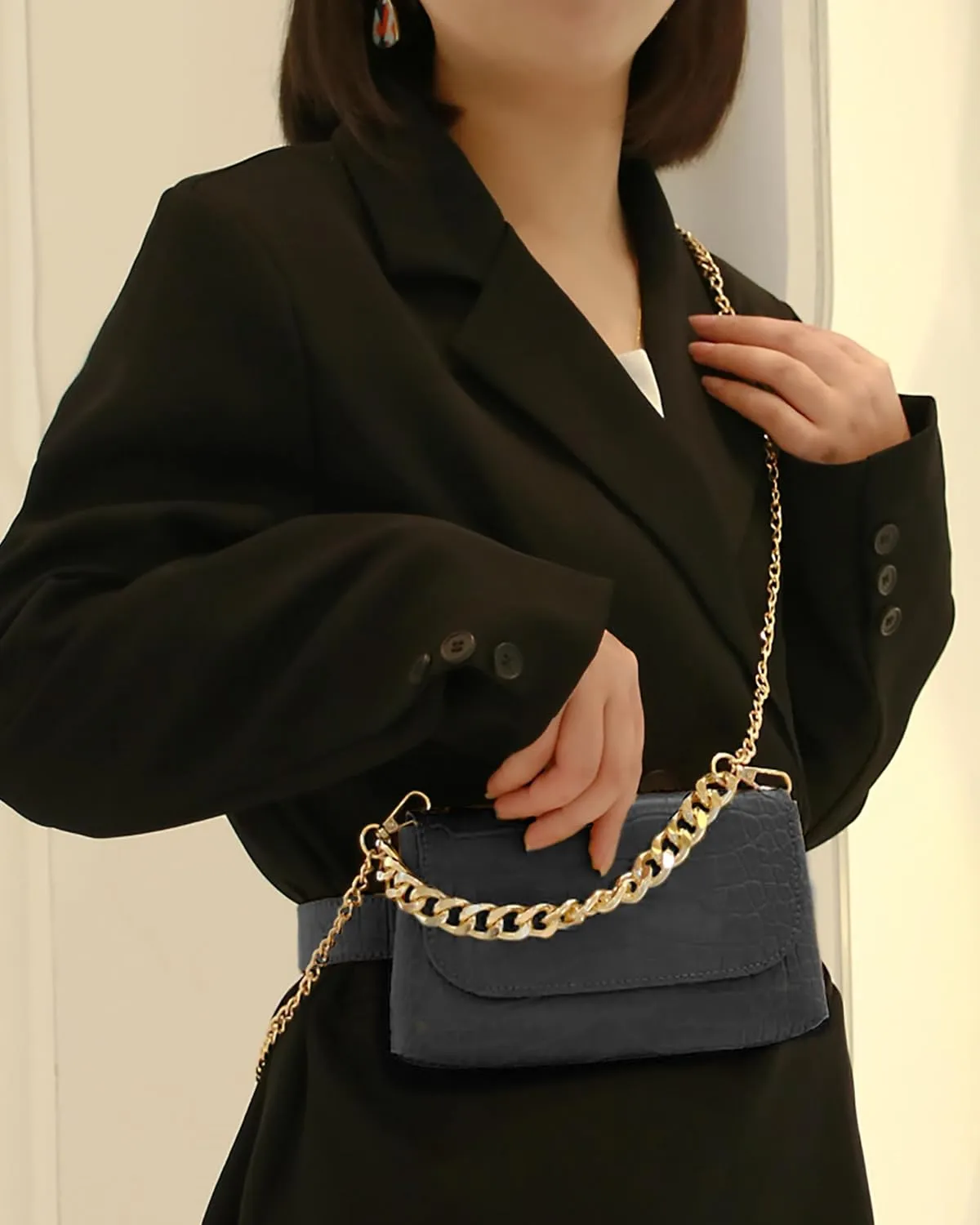 Women Mini Plaid Chain PU Leather Fanny Pack Waist Pouch Travel Cell Phone Purse