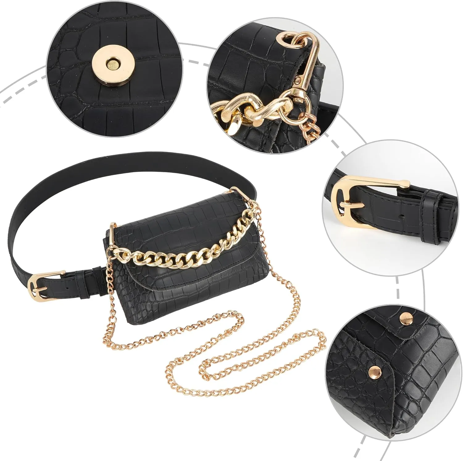 Women Mini Plaid Chain PU Leather Fanny Pack Waist Pouch Travel Cell Phone Purse