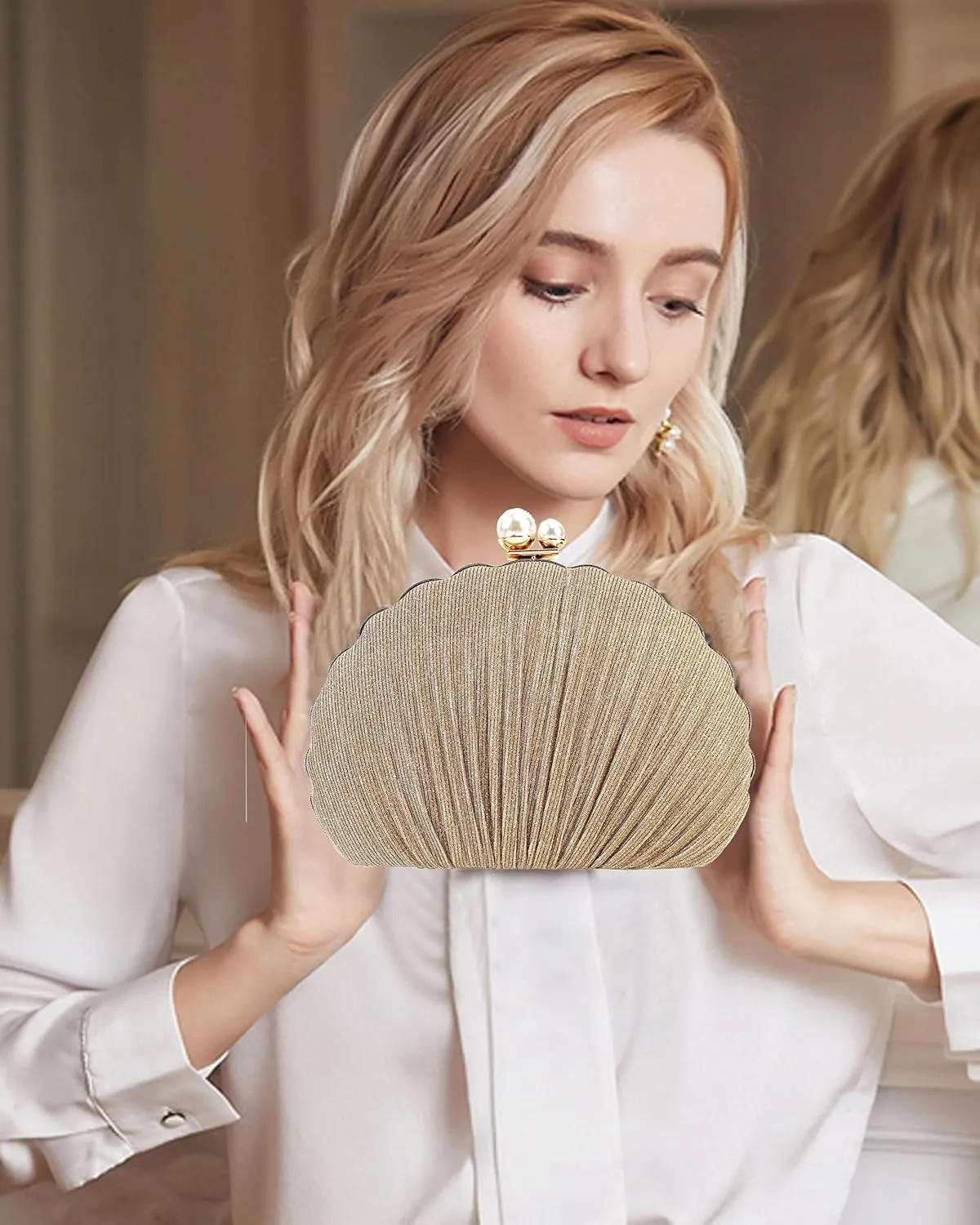 Women Mini Pleated Seashell Evening Clutch Handbag Chain Strap Cross-body Bag