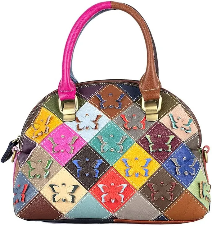 Women Multicolor Shell Bag Genuine Leather Cute Tote Bag Colorful Handbag Purses