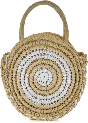 Women Round Woven Straw Crossbody Handbag Handmade Colorblock Spiral Top-handle Summer Beach Purse Travel Daily Tote Bag