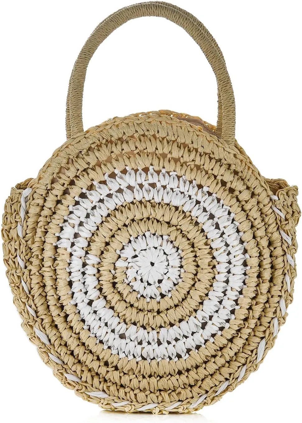 Women Round Woven Straw Crossbody Handbag Handmade Colorblock Spiral Top-handle Summer Beach Purse Travel Daily Tote Bag