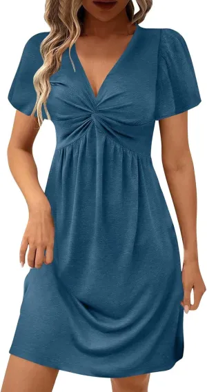 Women's Casual Dresses 2025 Summer Short Sleeve Twist Front Sundress Empire Waist A-Line Ruched Mini Dresses