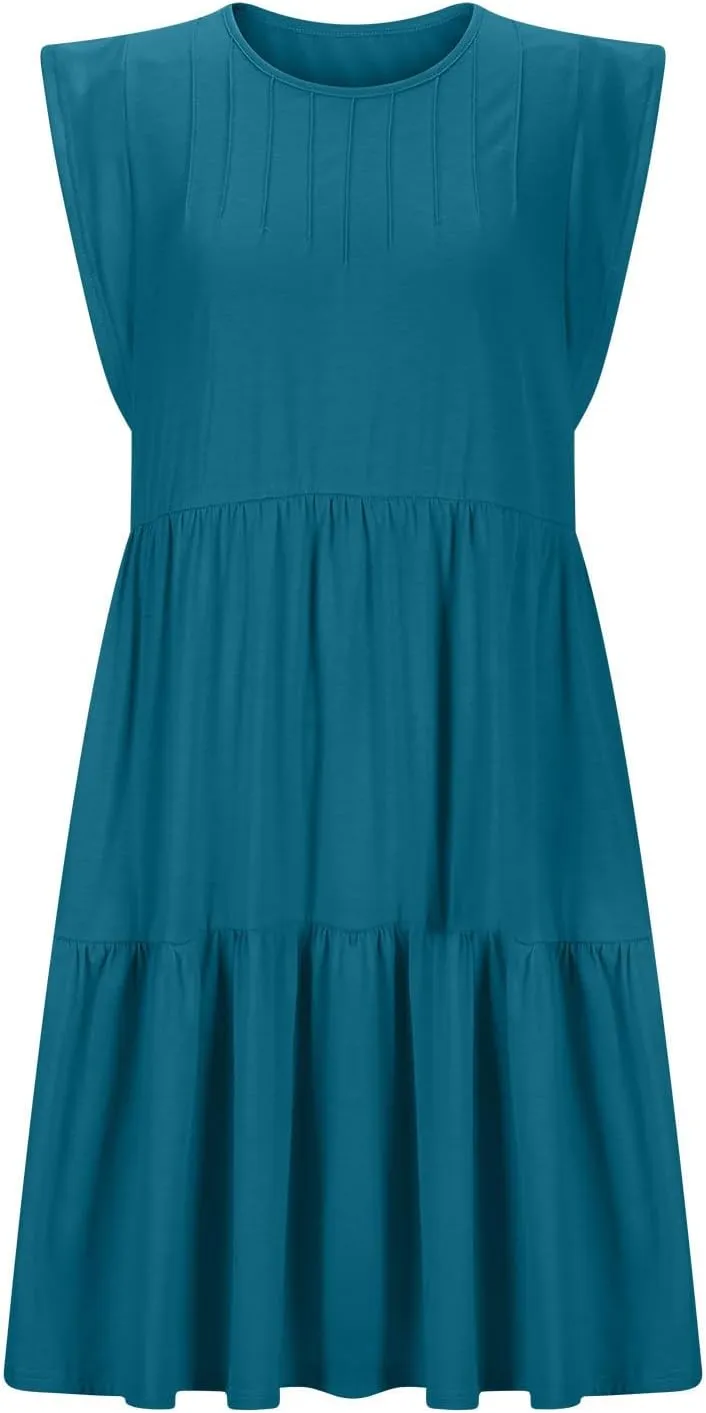 Women's Casual Dresses Summer Tiered Beach Vacation Ruched Sundress A-Line Sleeveless Mini Tank Dress with Pockets